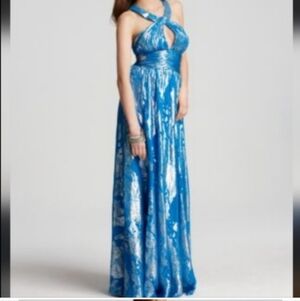 Aidan Mattox Gold Metallic Silk Foil Halter  Keyhole Midi Dress 6 NWT